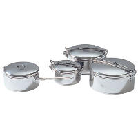 A durable and versatile stainless steel pot for cooking while camping or on trail, with hinged handle that flips over the lid to lock in place.