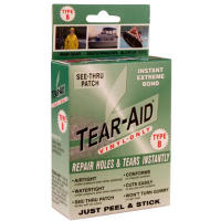 An elastic, clear patch to repair tears in vinyl materials