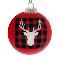 Made of hand painted glass, this Stag Blanket Ornament features a majestically antlered deer head set against a checkered pattern.