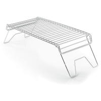 Compact, heavy-duty, corrosion-resistant, welded stainless steel, fire pit grill with folding legs designed for generations of service.