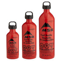 MSR liquid fuel stove fuel bottles with child resistant cap for safety.  11 oz, 20 oz, 30 oz.
