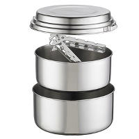 Two person cook set with stainless steel durability and excellent weight savings.  Total meal preparation when camping or on trail.