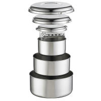 A durable, lightweight stainless steel pot set.  Contains everything you need to prepare and serve a small group meal when camping or on trail.